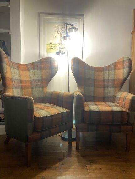 An Ex-Showhome Wingback Country Cottage Fireside Armchair with Check Fabric Pattern
